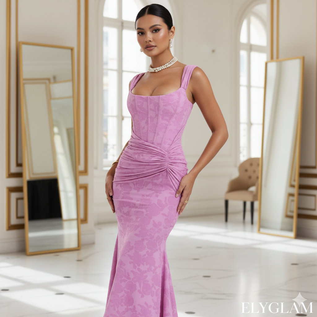 Woman in a pink evening gown standing in an elegant room with mirrors.