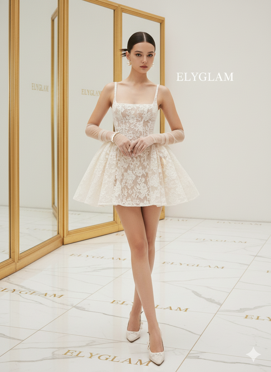 Woman in a white lace dress standing in a room with 'ELYGLAM' branding.