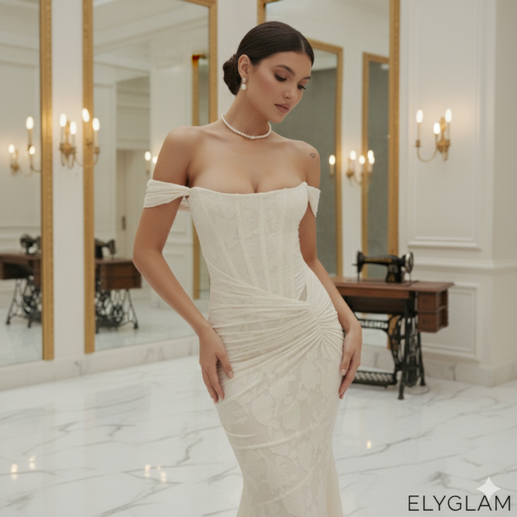 Woman in a white off-shoulder dress standing in a elegant interior setting with 'ELYGLAM' branding.