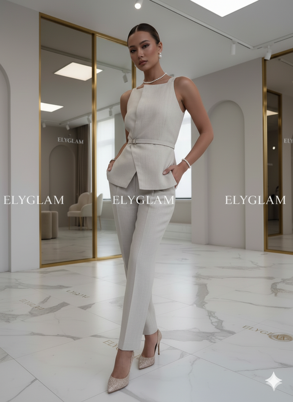 Woman in a white outfit standing in a stylish interior setting with 'ELYGLAM' branding.
