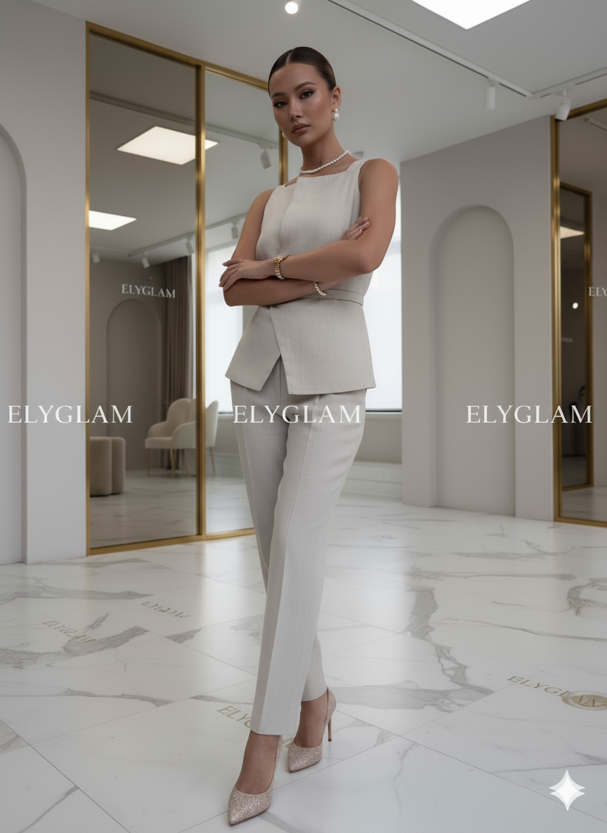 Woman in a white outfit standing in a stylish interior setting with 'ELYGLAM' branding.