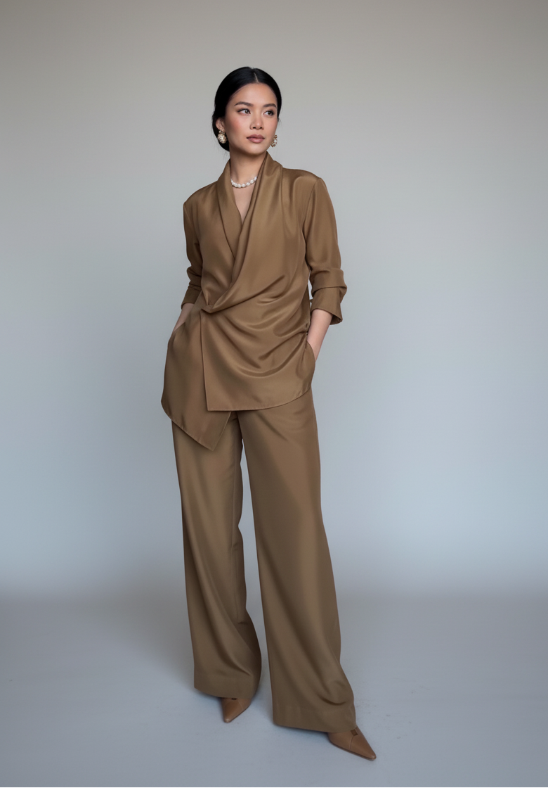 Woman wearing a brown outfit against a plain background