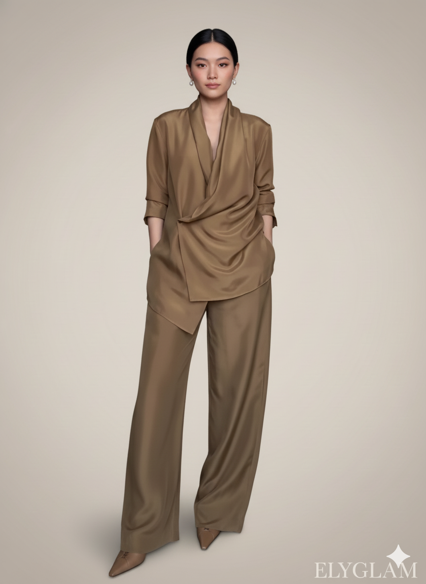 Woman wearing a brown outfit with a draped design on a beige background, branded 'ELYGLAM'.