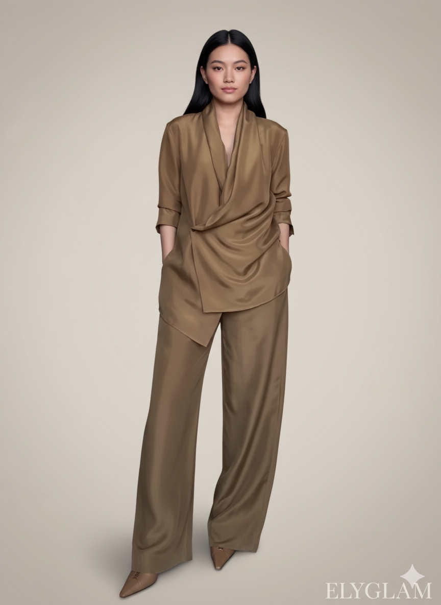 Woman wearing a brown outfit with a draped top and wide-leg pants on a beige background, with 'ELYGLAM' branding.