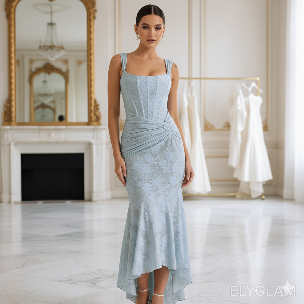 Woman wearing a light blue lace dress in an elegant room with mirrors and a fireplace.