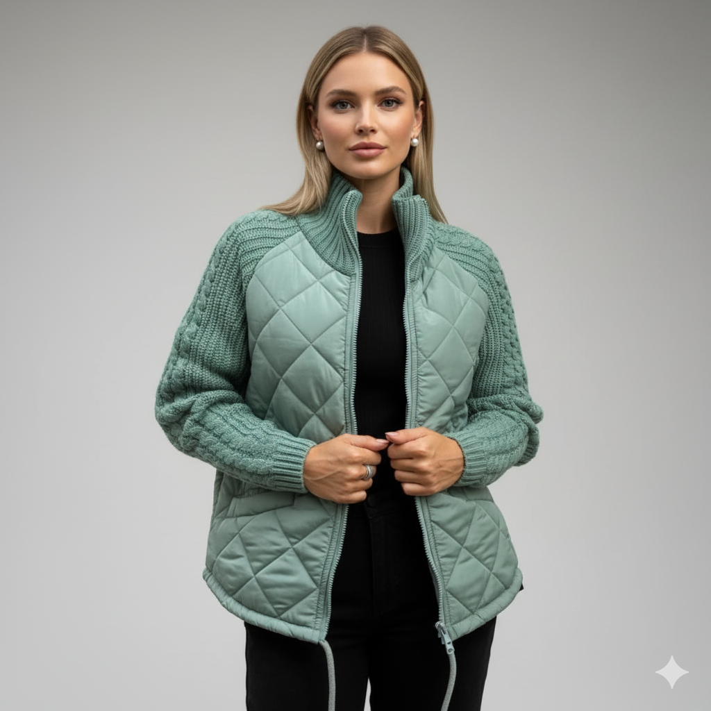 Woman wearing a light blue quilted jacket on a gray background
