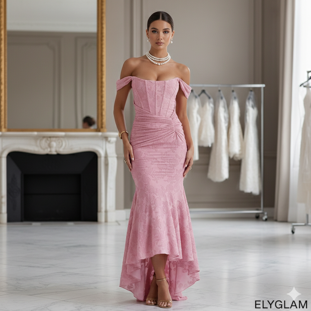 Woman wearing a pink off-shoulder dress in an elegant room with mirrors and white dresses.