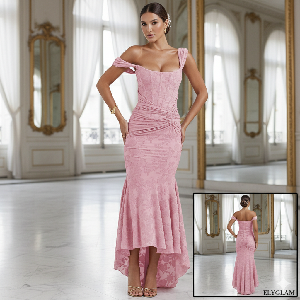 Woman wearing a pink off-shoulder evening gown in an elegant room.