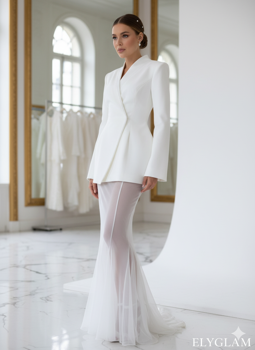 Woman wearing a white bridal suit in a bright, elegant room with mirrors.