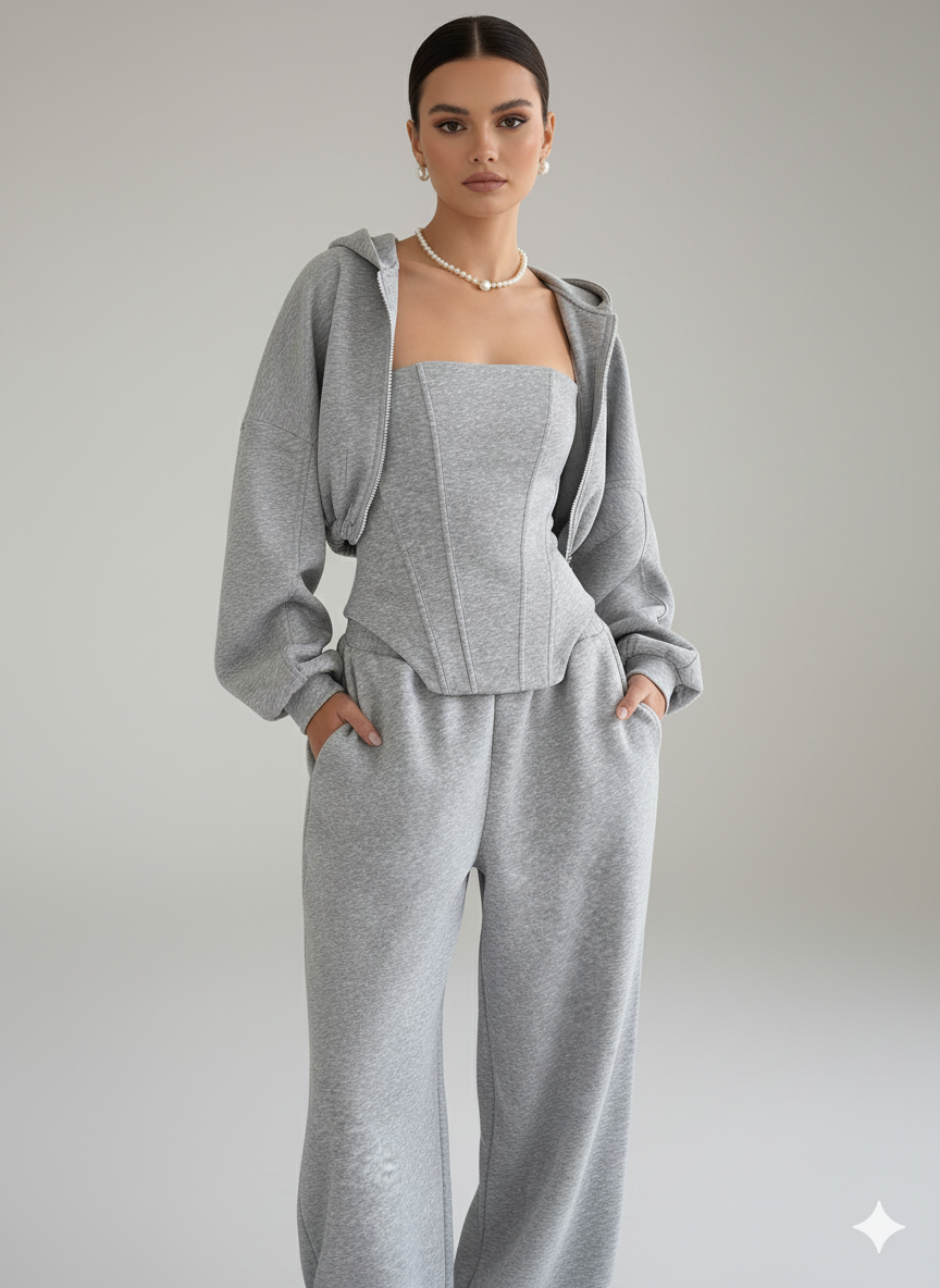 Women's coordinated outfit set with hooded jacket and wide leg pants
