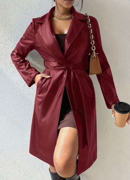 Manteau long en simili cuir avec col à revers et poches - ElyGlam