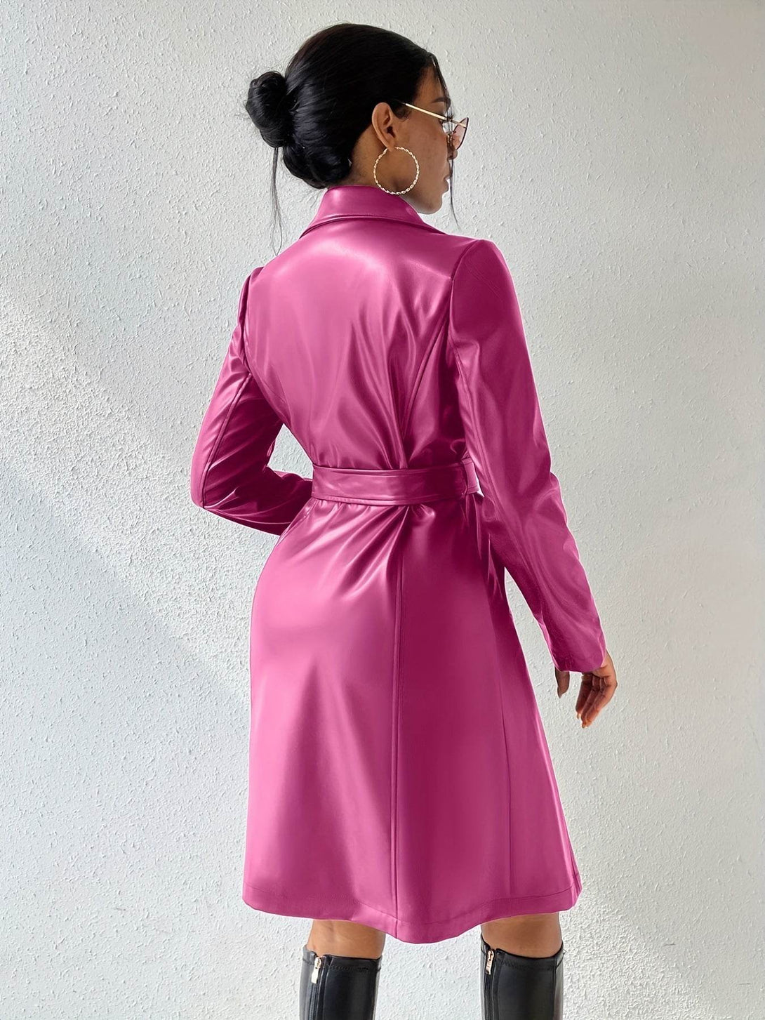 Manteau long en simili cuir avec col à revers et poches - ElyGlam