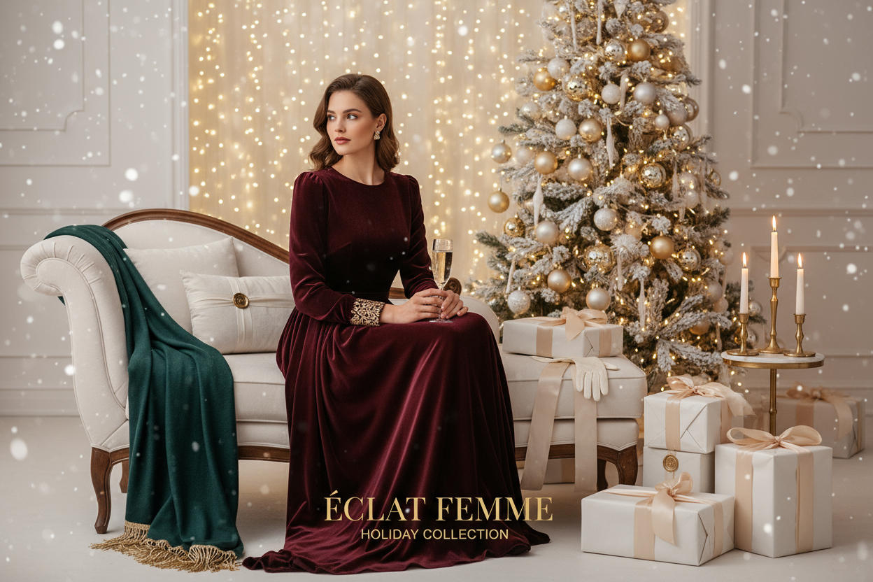 Create a luxurious Christmas holiday banner for a premium women's fashion brand. Feature an elegant festive scene with soft bokeh lights in gold and white, decorated Christmas tree in the background, cozy winter atmosphere with plush textures. Include subtle holiday elements like delicate snowflakes, wrapped gifts with satin ribbons, and warm candlelight. Color palette: rich burgundy red, champagne gold, ivory white, and deep forest green. Style: sophisticated, editorial, high-end fashion photography aesthe