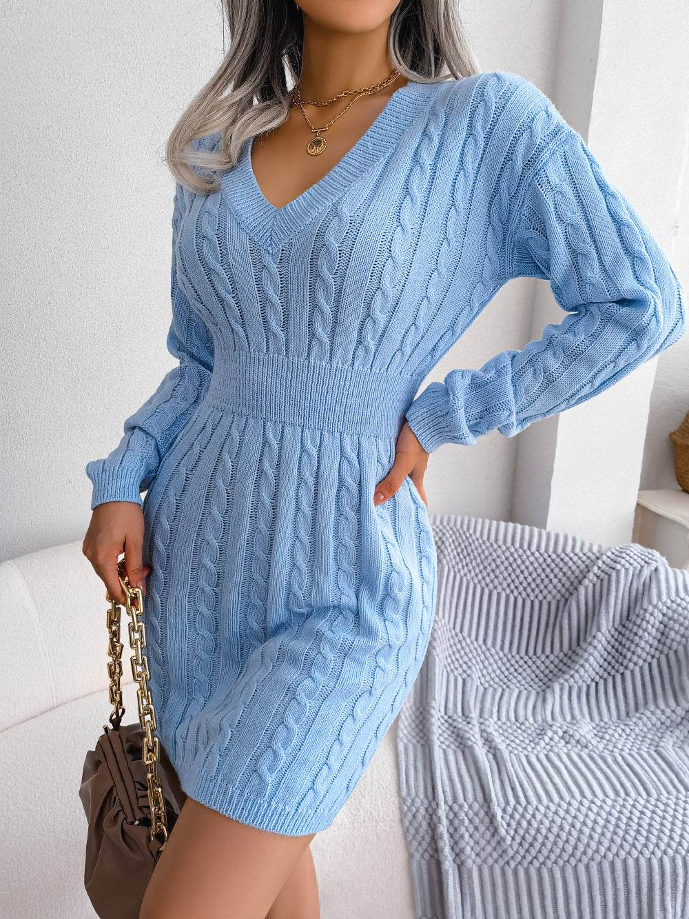 Robe tricotée col V manches longues - ElyGlam