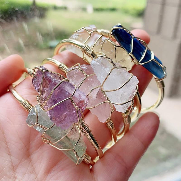 Natural Crystal Rough Stone Bracelet - Gold Wire Wrapped Healing Jewelry