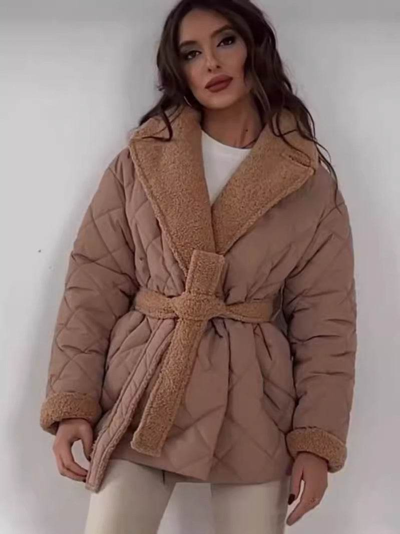 Manteau à carreaux avec col, ceinture à la taille - ElyGlam